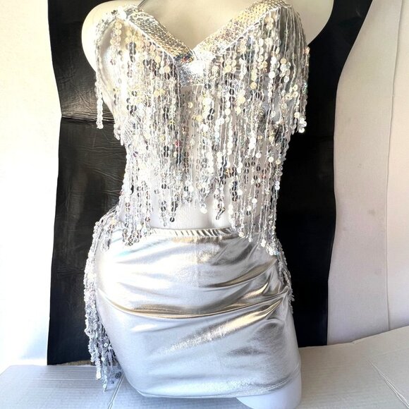 Silver Sequins Western Rave Fringe Outfit Sexy Dance Costume Size S - Picture 1 of 14
